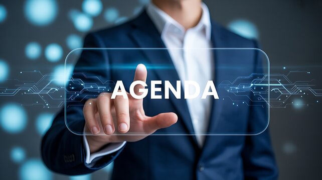 Business professional touching agenda interface with digital planning and meeting management concept