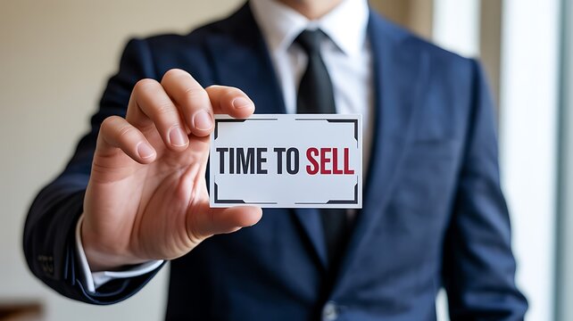 Businessman holding time to sell sign representing investment opportunity market timing and sales strategy