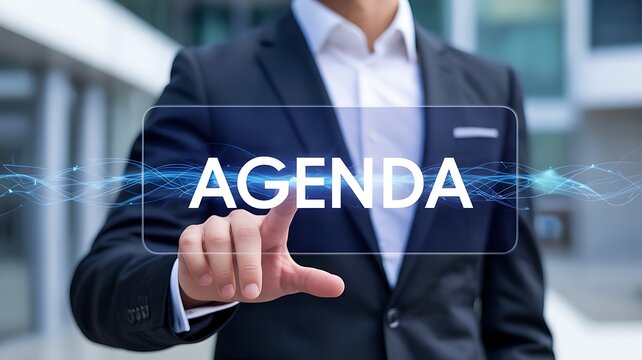 Business professional touching agenda interface with digital planning and meeting management concept