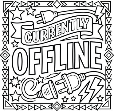Black and white coloring page structure featuring the text currently offline with electrical plugs and lightning bolts.