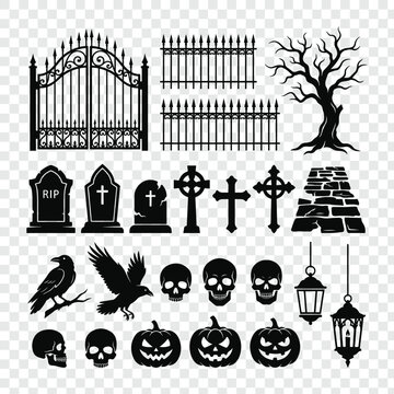 Set of Halloween graveyard and spooky icons vector collection