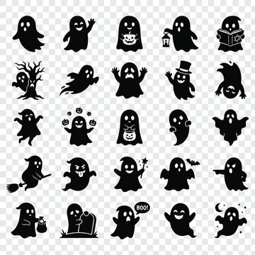 Set of cute friendly ghost character icons for Halloween