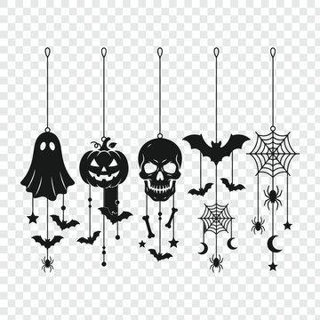 Set of hanging Halloween decorative elements with ghosts and pumpkins vector