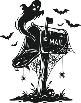 Spooky Halloween mailbox silhouette with ghost and spider web illustration