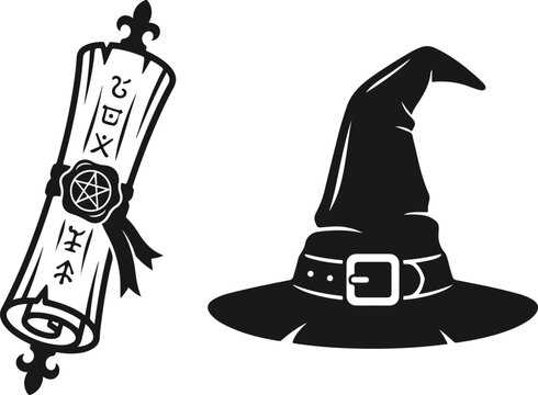 Magic spell scroll and witch hat illustration vector