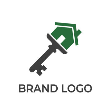 Minimalist real estate logo design with skeleton key house shape for property sales brand.