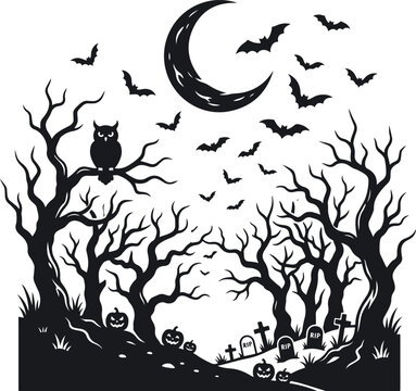 Halloween graveyard forest silhouette with moon and owls vector