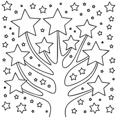 Fototapeta premium Stylized Star Tree Line Art With Branching Design And Five Point Stars In Symmetrical Night Composition Isolated on a Transparent or White Background
