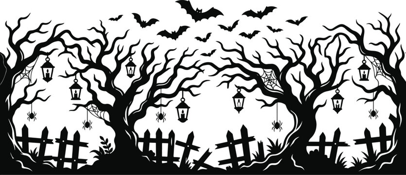 Halloween spooky forest silhouette border with hanging lanterns and bats vector