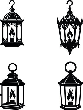 Decorative ornamental lantern and hanging lamp vector icon collection
