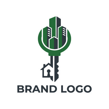 Real estate key logo, urban property development, city building abstract icon design concept.