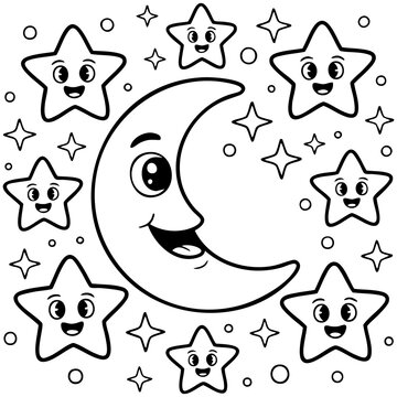 Cute Smiling Crescent Moon Character With Kawaii Stars Circular Night Sky Coloring Page Isolated on a Transparent or White Background