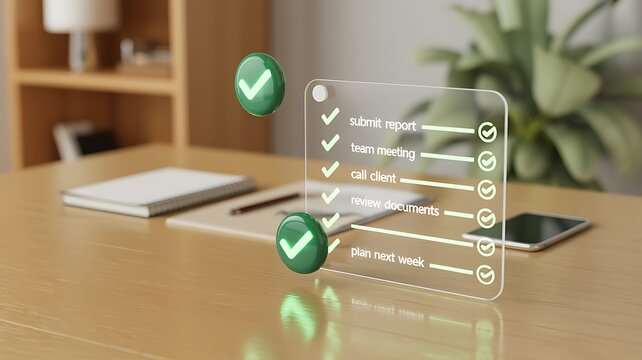 Digital checklist with green check marks floating above office desk representing task management and business productivity