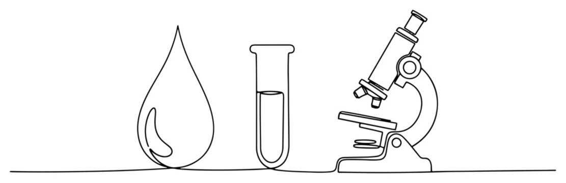 Microscope laboratory test tube and liquid drop in continuous line art style