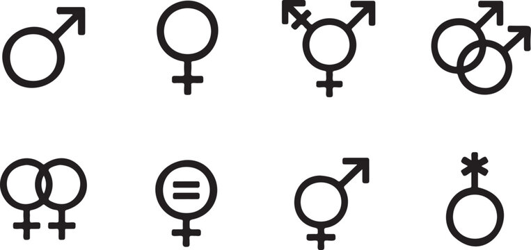 gender identity and equality line icon set editable outline, male female transgender symbols minimal vector collection, gender diversity outline icon pack with editable strokes