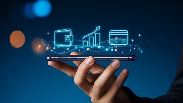 Hand holding smartphone with digital business analytics icons representing mobile finance and online technology