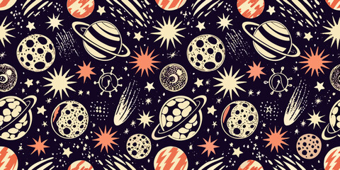 Retro Space Pattern Vector Illustration With Planets Stars And Comets © Nova