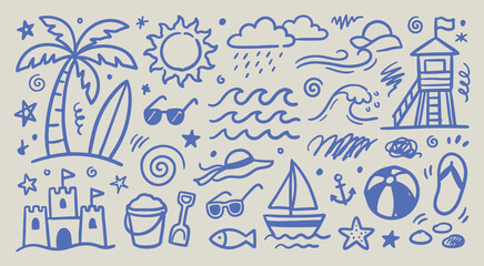 Collection of hand drawn beach and summer vacation themed doodles with various summer holiday elements © Arshad