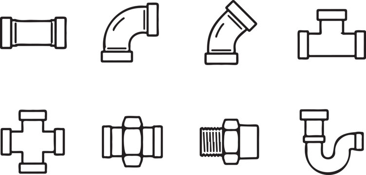 plumbing pipe fittings line icon set editable outline vector, water pipeline connectors minimal plumbing symbol collection, pipe connector and plumbing tools outline icon pack