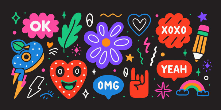 Gen Z Style Doodle Stickers Colorful Vector Illustration On Black