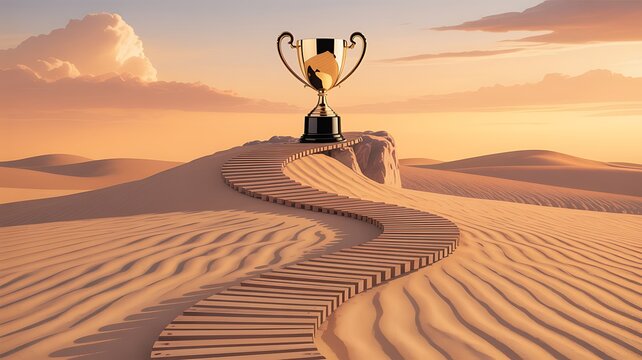 Golden trophy standing on desert sand dunes with pathway under warm sunset sky symbolizing success achievement and ambition