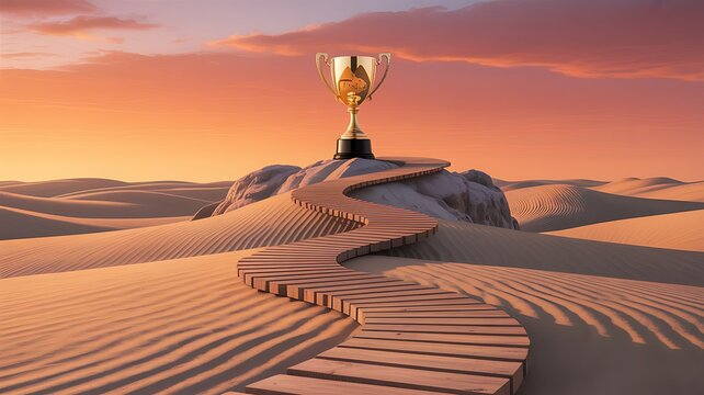 Golden trophy standing on desert sand dunes with pathway under warm sunset sky symbolizing success achievement and ambition