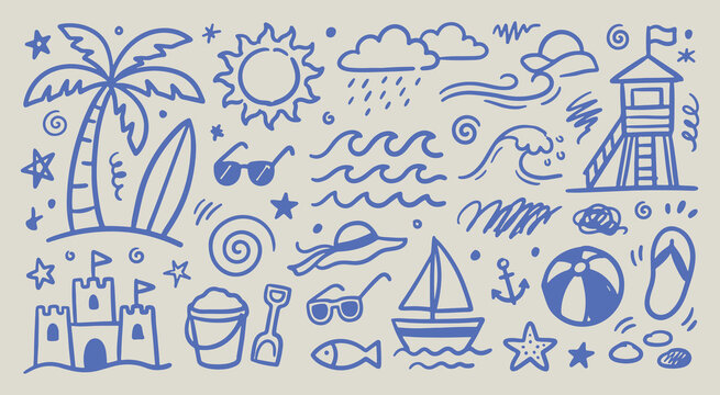 Collection of hand drawn beach and summer vacation themed doodles with various summer holiday elements