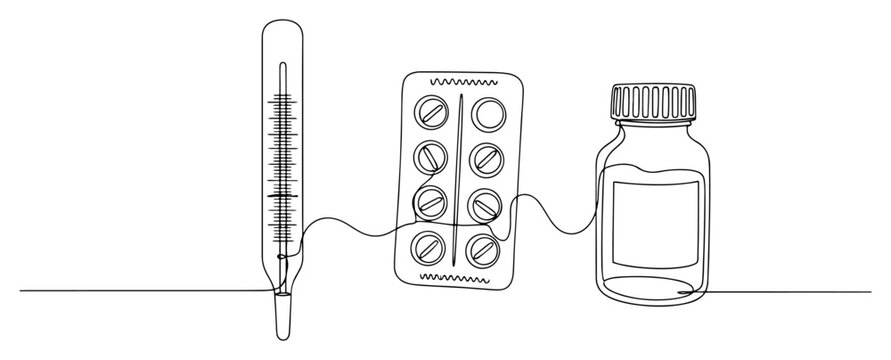 Thermometer blister pack and medicine bottle in continuous one line drawing style