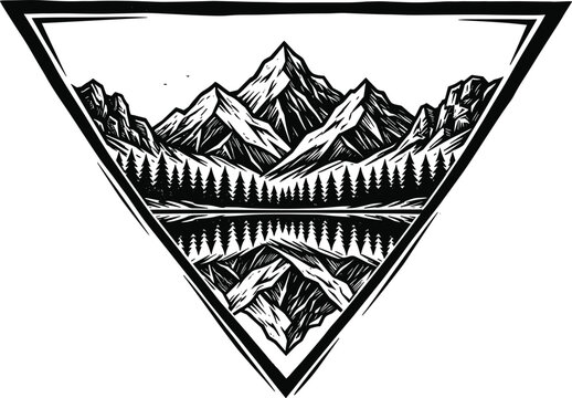 Vintage woodcut mountain landscape emblem inside geometric triangle frame featuring a dense pine forest with crisp water reflection