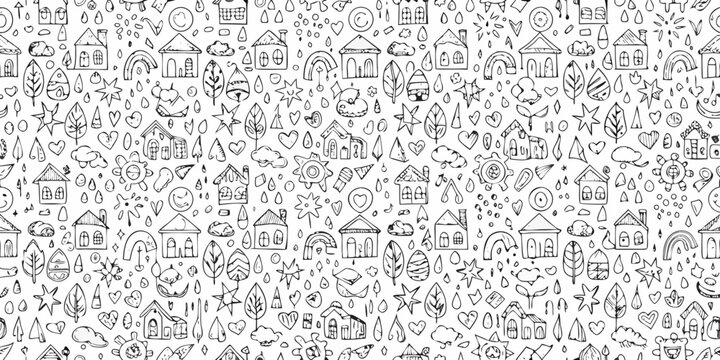 Whimsical doodle pattern featuring houses hearts leaves and stars