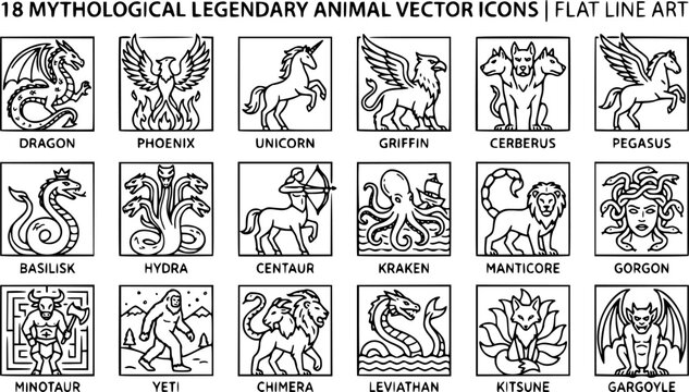 18 Black and White Mythological Legendary Animal Vector Icons Flat Line Art
