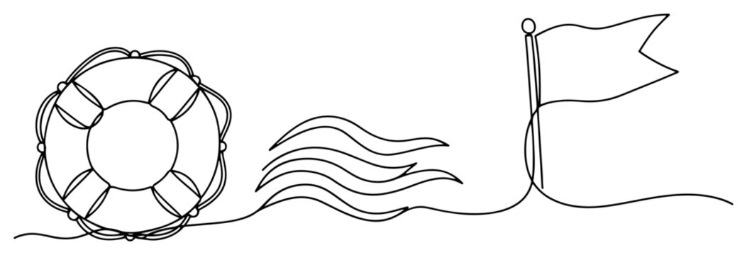 Lifebuoy sea waves and warning flag drawn in minimalist continuous one line art style