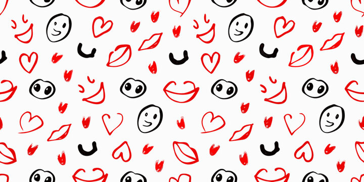 Minimalist Face Doodles Pattern Red And Black Sketch Style