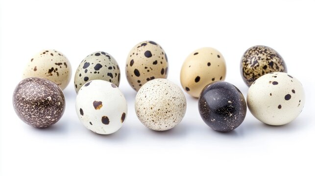 Assortment of speckled quail eggs on a white background