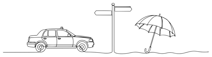 Taxi signpost and umbrella shown in minimalist continuous one line art style © Alicja