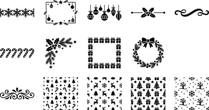 Set of black christmas icons frames borders patterns and design elements for holiday decoration