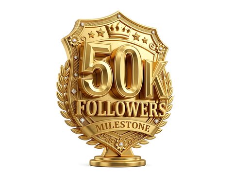 Golden 50k followers milestone badge with laurel wreath and crown