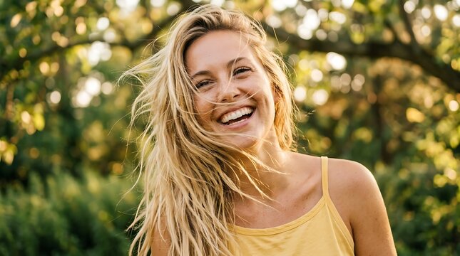 Portrait of a happy young woman smiling outdoors in sunlight
