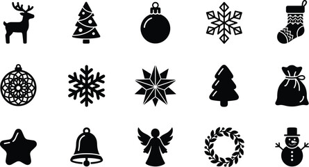 Set of black christmas holiday icons including reindeer tree snowflake stocking star and bell © VECTOR Files