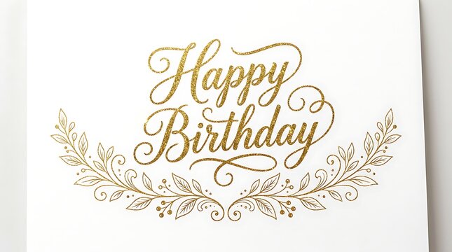 Gold glitter happy birthday calligraphy with floral wreath isolated on white background