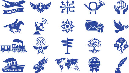 Communication and Delivery Icon Collection with Postal Messaging Connectivity Global Network Transport Verification and Information Symbols for Graphic Design Projects