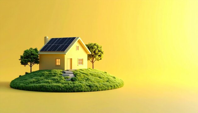 アイソメトリックなエコハウスと太陽光パネルの3Dイラスト