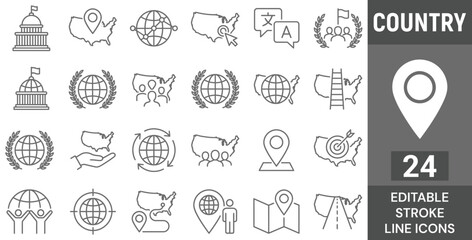 Country Geography Line Icon Set. 24 Editable Stroke Icons of USA Map Navigation, Global Politics Government, Location Pin, Travel World Guide, and International Nation, Vector Outline Symbols. © Kingko