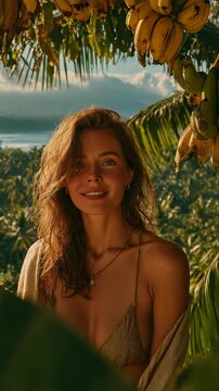 Radiant woman smiles amidst tropical banana leaves and lush landscape, conveying natural beauty and serene escape.