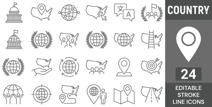Country Geography Line Icon Set. 24 Editable Stroke Icons of USA Map Navigation, Global Politics Government, Location Pin, Travel World Guide, and International Nation, Vector Outline Symbols.