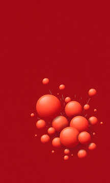 Abstract composition of glossy red spheres floating on solid red background with white sparks