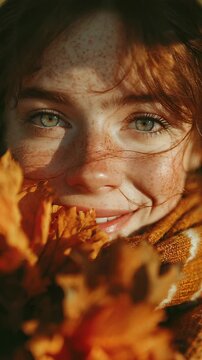 Smiling Red-Haired Woman with Freckles Peeking Through Autumn Leaves and a Cozy Scarf - Fall Portrait