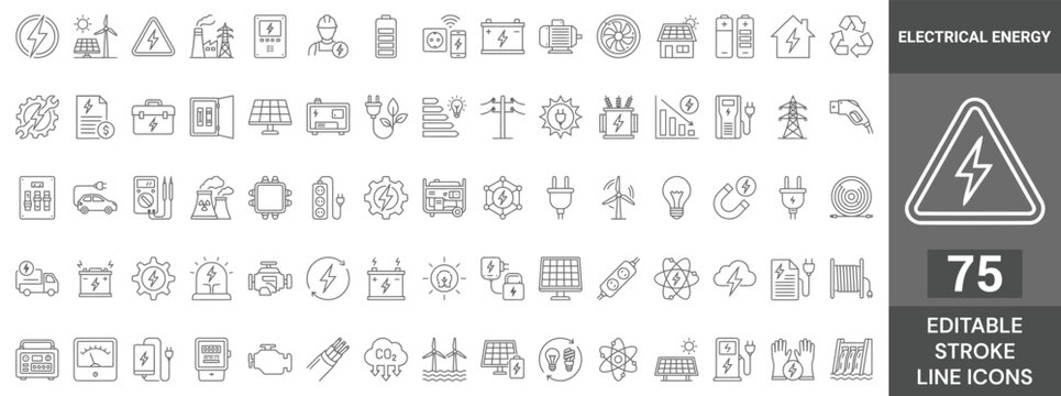 Electrical Energy Line Icon Set. 75 Editable Stroke Icons of Electricity Power Grid, High Voltage Danger, Renewable Green Energy, Generator Battery, and Technology Infrastructure, Vector Outline Symbo