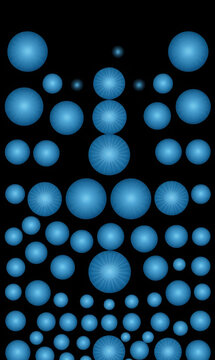 Blue glowing circles and spheres in a geometric pattern on black background