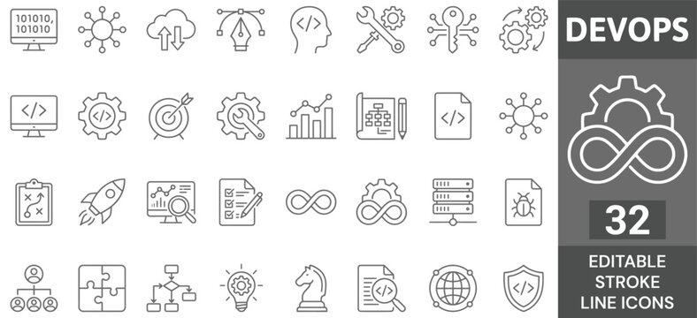 DevOps Line Icon Set. 32 Editable Stroke Icons of Software Development, Systems Operations, Continuous Integration, Cloud Computing, Agile Process, and Programming Coding, Vector Outline Symbols.